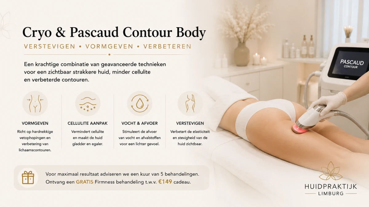 Lichaamsversteviging en contourverbetering met Pascaud Contour Body en Cryo bij Huidpraktijk Limburg in Landgraaf – behandeling voor huidverslapping, cellulite en lichaamscontouren.